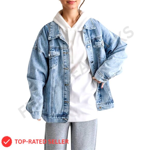 Oversized Denim Jacket Boyfriend Fit Loose Shacket Trucker Coat Classic